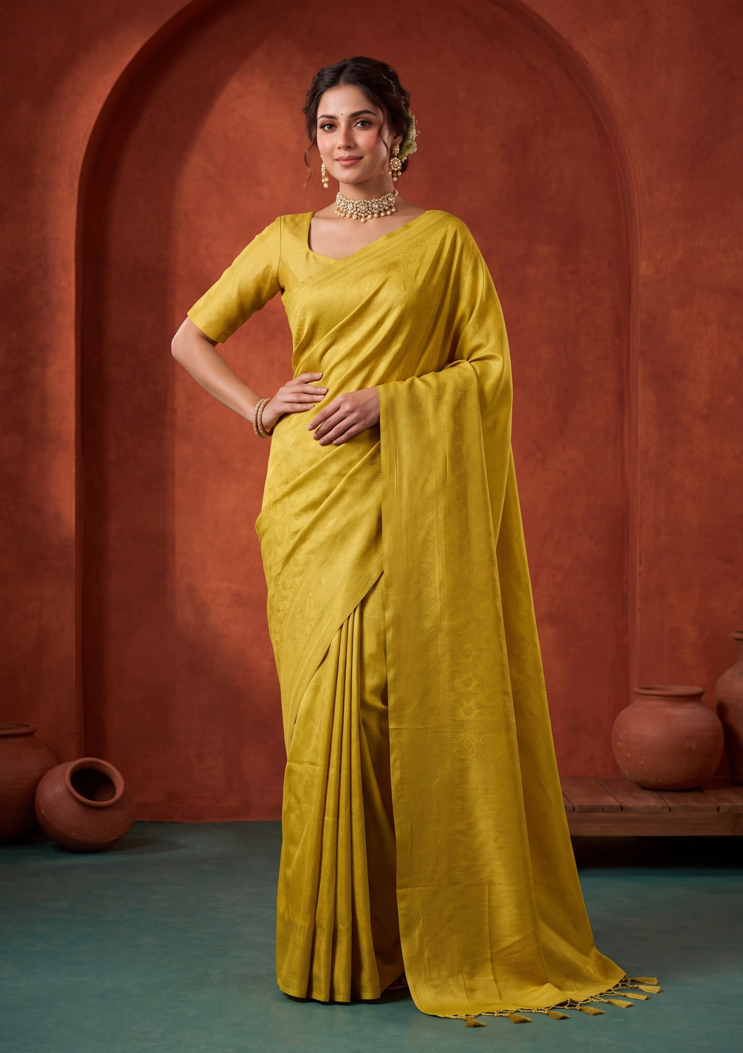 Lime Green Silk Saree With Matching Blouse Piece
