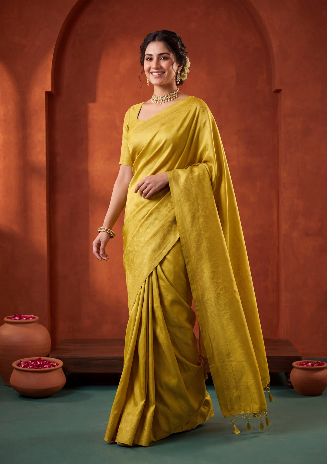 Lime Green Silk Saree With Matching Blouse Piece