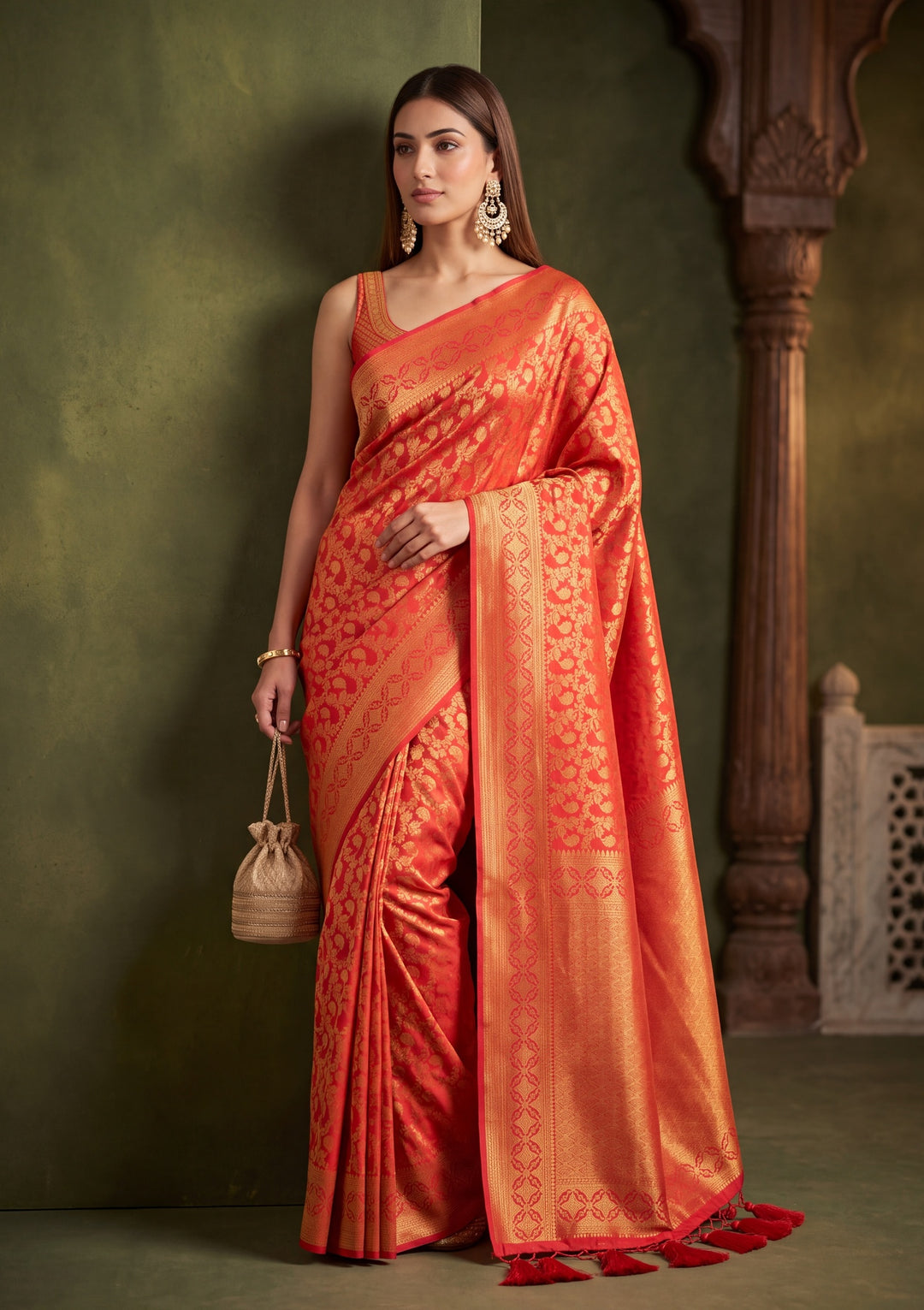 Red Art Silk Jaal Saree With Matching Blouse Piece