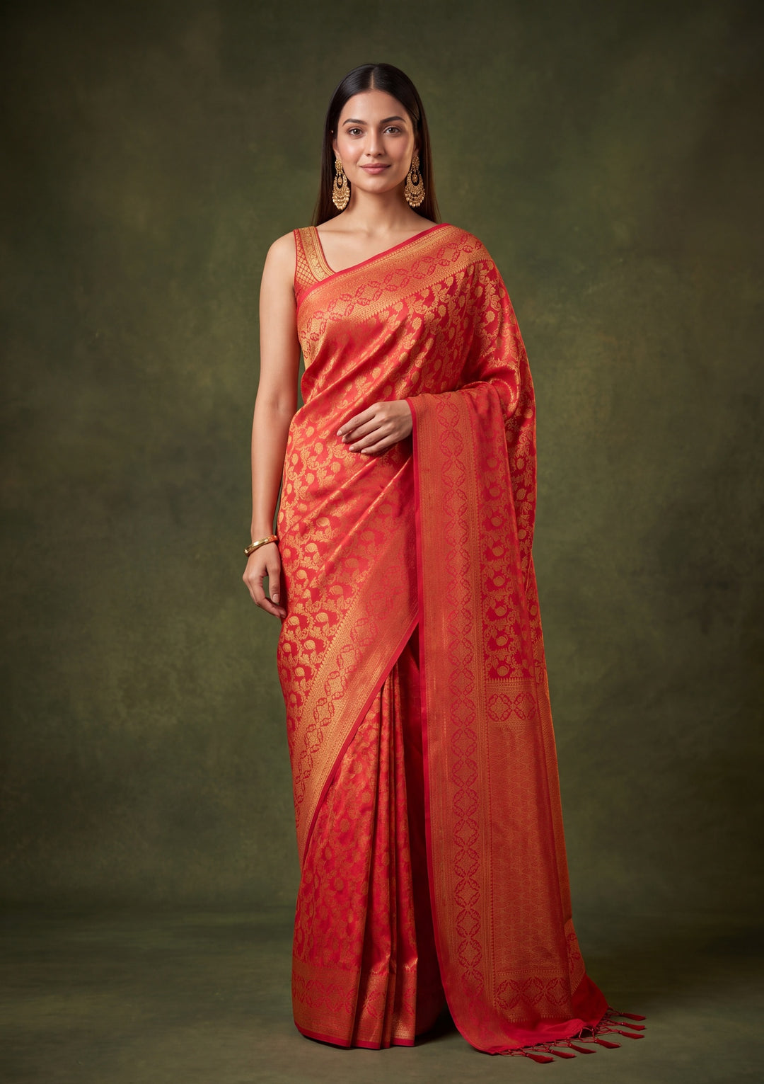 Red Art Silk Jaal Saree With Matching Blouse Piece
