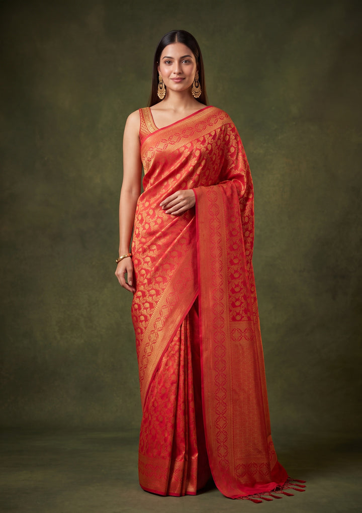 Red Art Silk Jaal Saree With Matching Blouse Piece