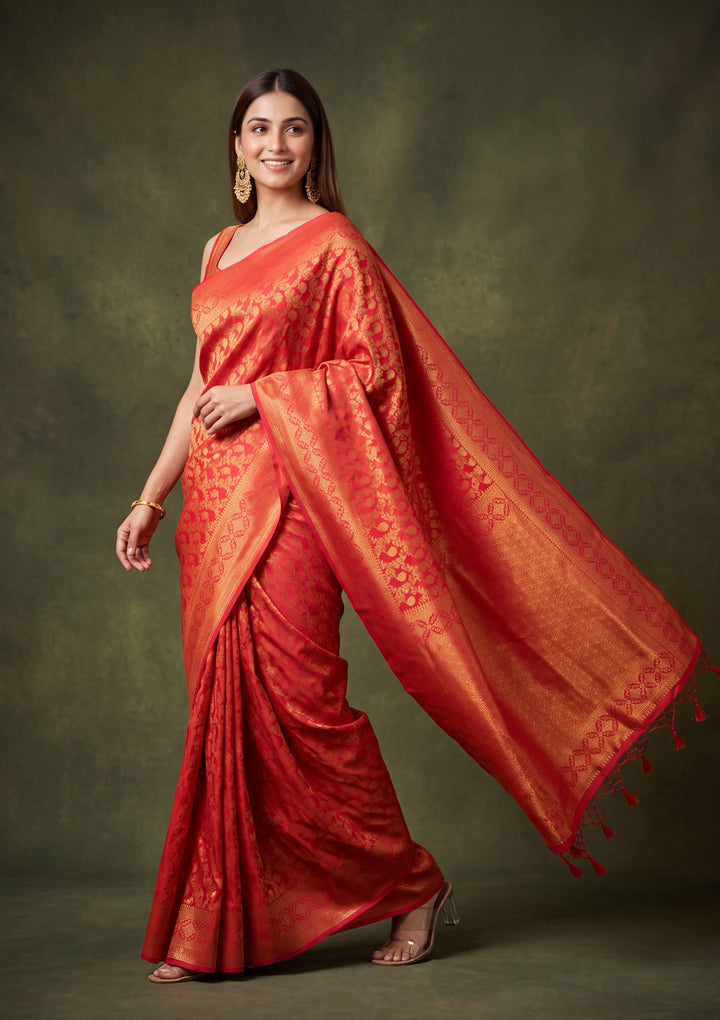 Red Art Silk Jaal Saree With Matching Blouse Piece