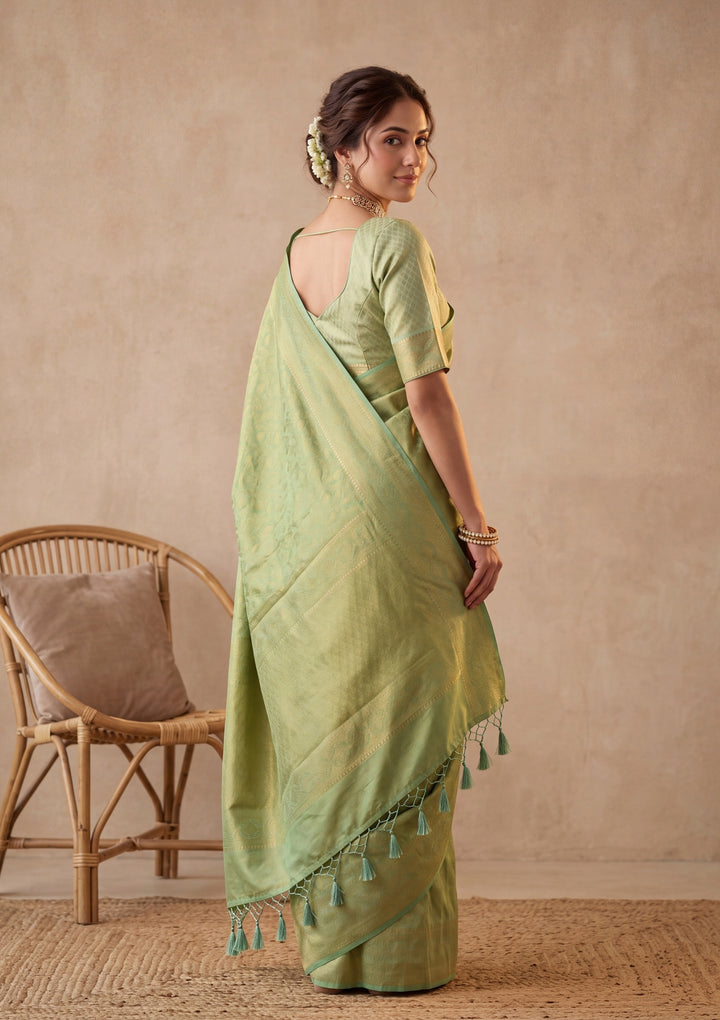 Sea Green Silk Jaal Saree With Matching Blouse Piece