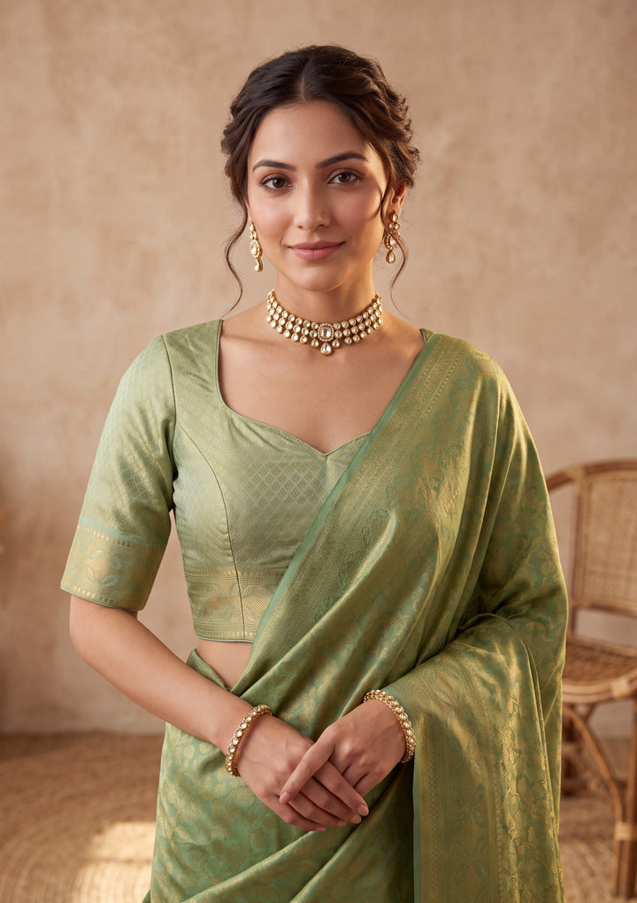 Sea Green Silk Jaal Saree With Matching Blouse Piece