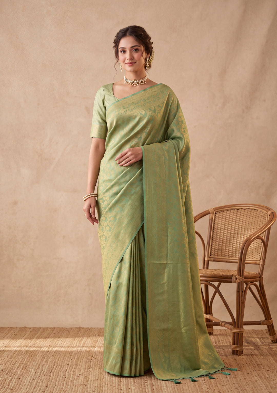 Sea Green Silk Jaal Saree With Matching Blouse Piece