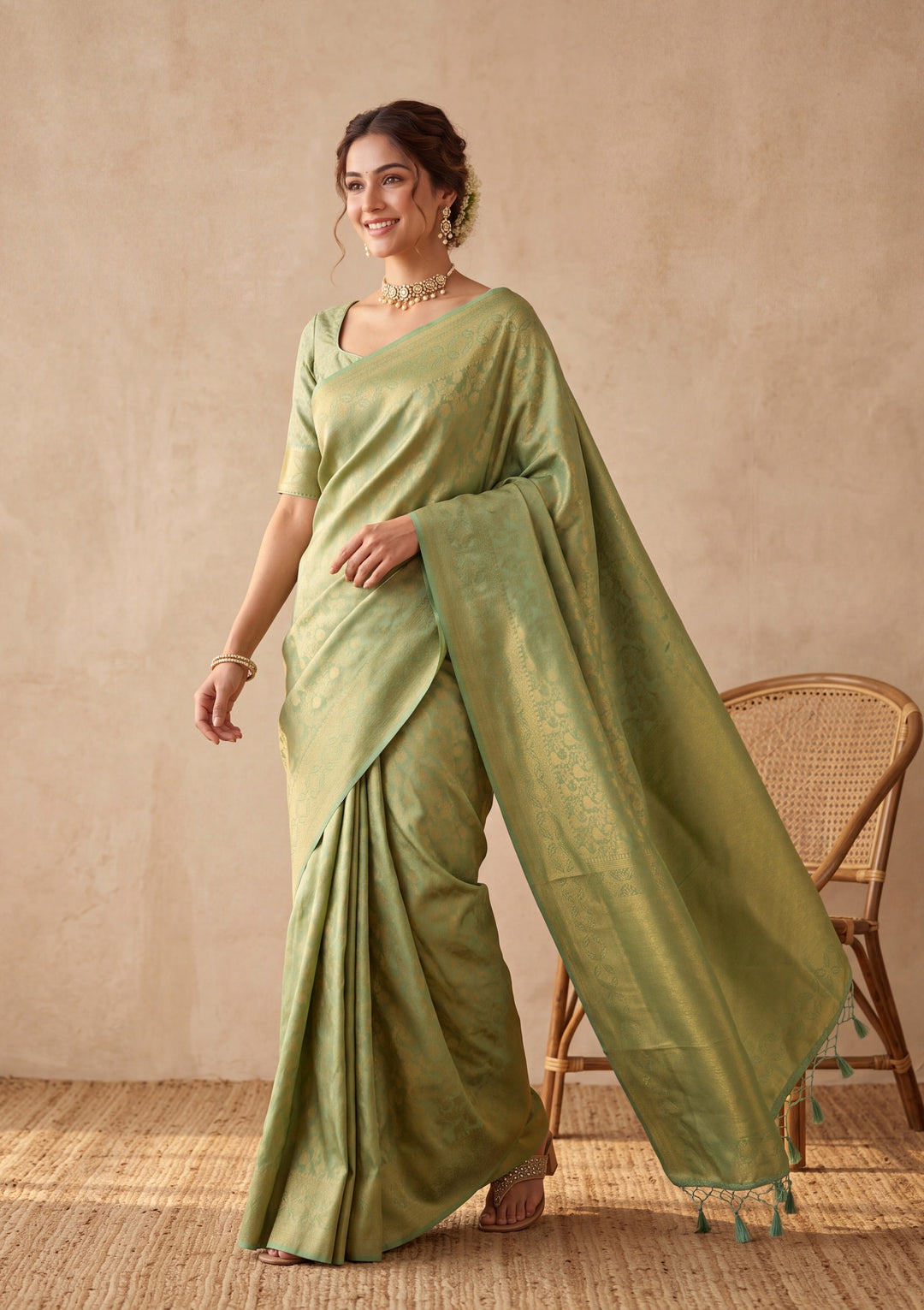 Sea Green Silk Jaal Saree With Matching Blouse Piece