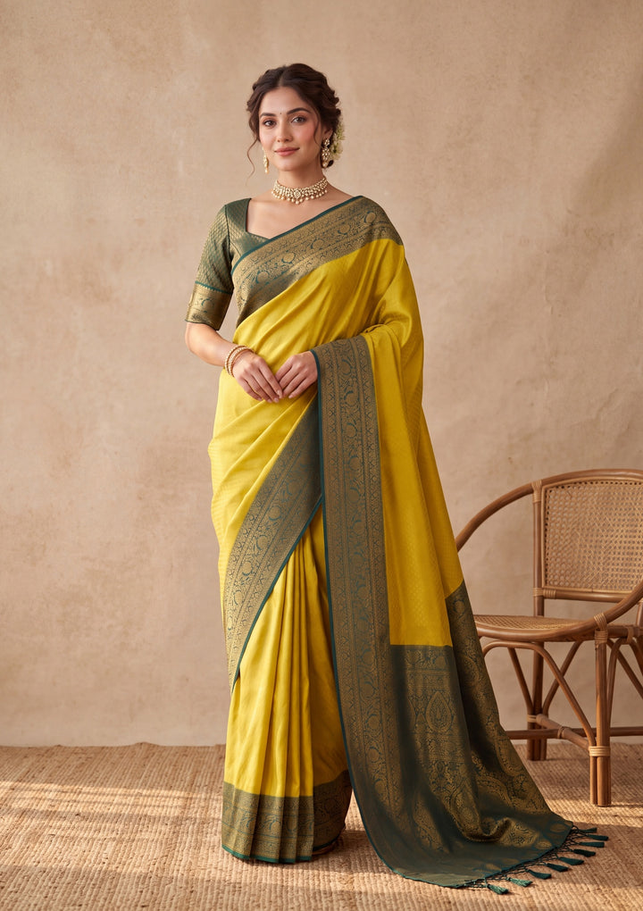 Lime Green Silk Saree With Matching Blouse Piece