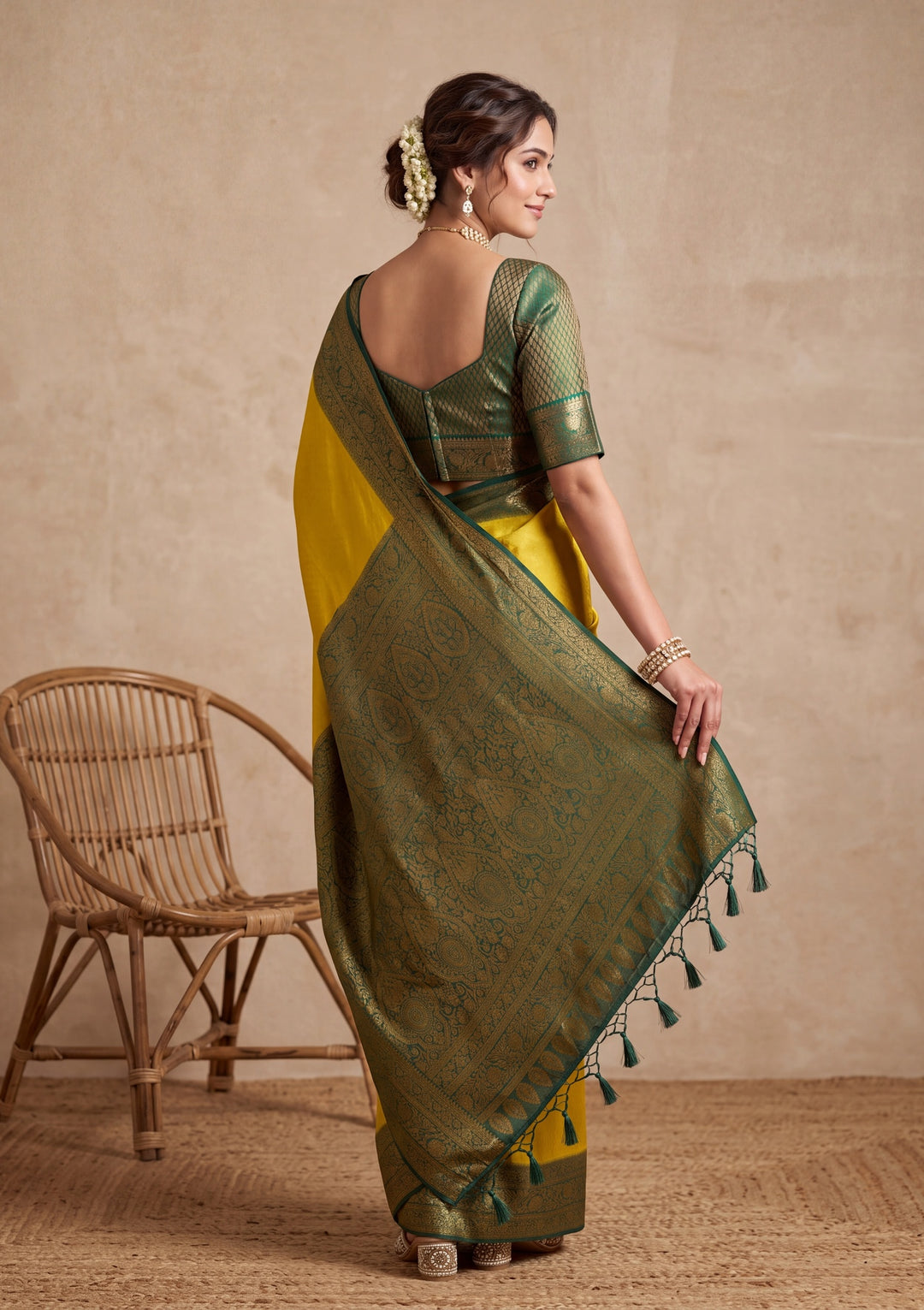Lime Green Silk Saree With Matching Blouse Piece