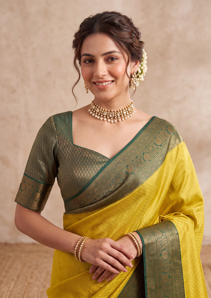 Lime Green Silk Saree With Matching Blouse Piece