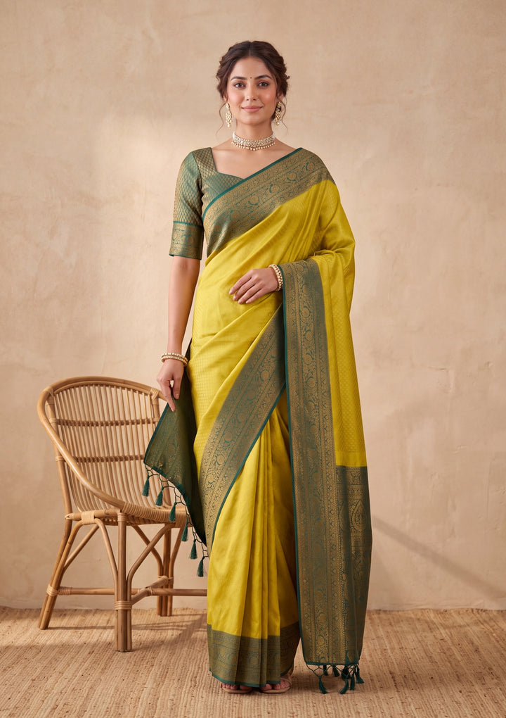 Lime Green Silk Saree With Matching Blouse Piece