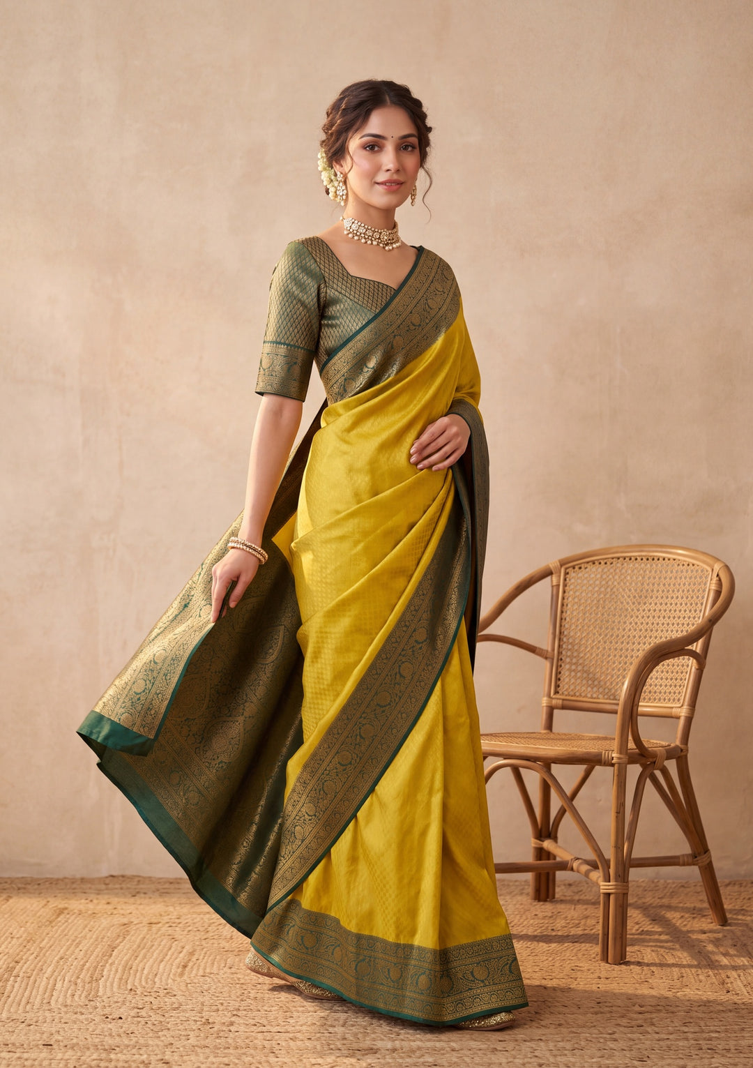 Lime Green Silk Saree With Matching Blouse Piece