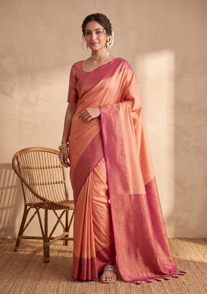 Peach Silk Jaal Saree With Matching Blouse Piece