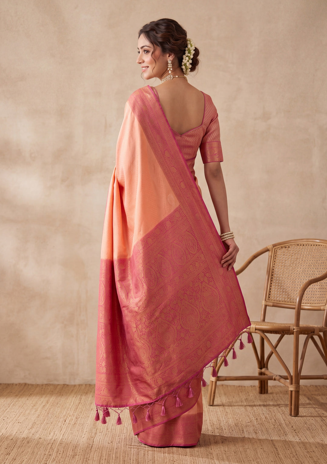 Peach Silk Jaal Saree With Matching Blouse Piece