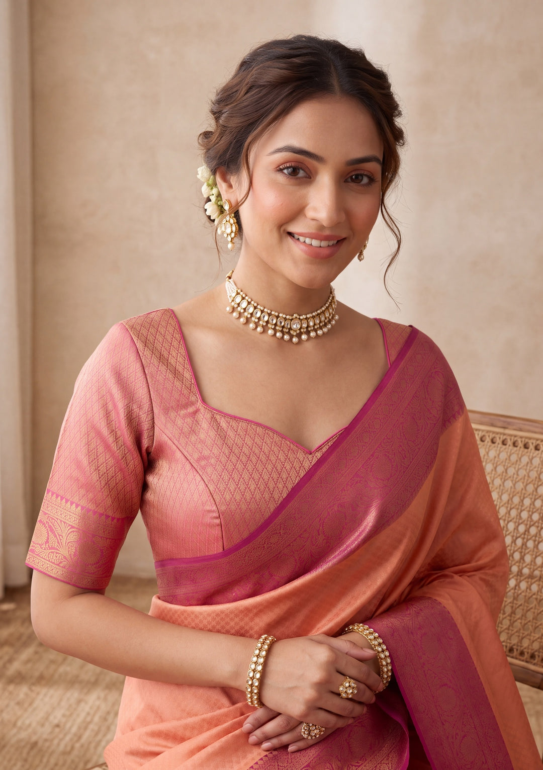Peach Silk Jaal Saree With Matching Blouse Piece