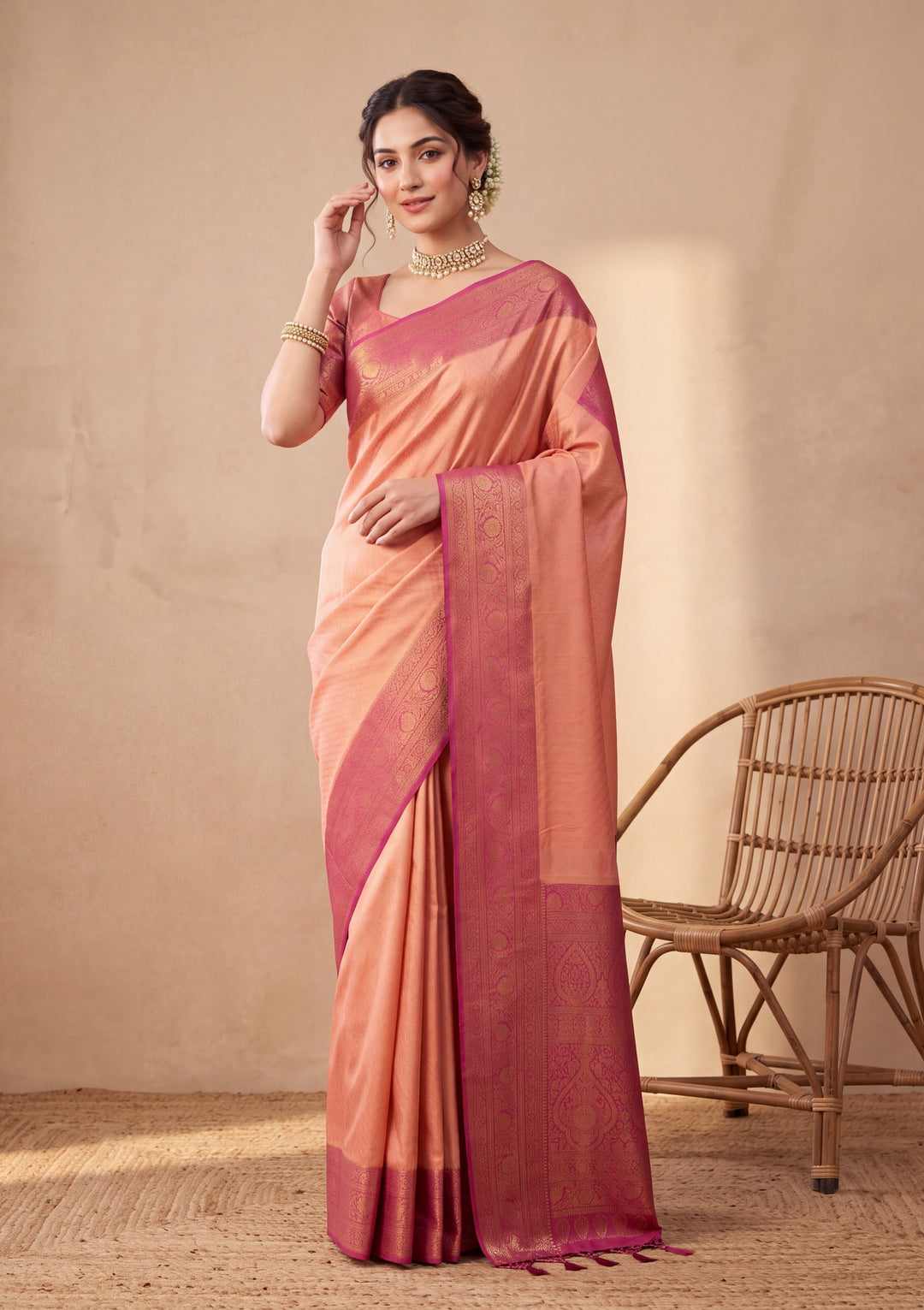 Peach Silk Jaal Saree With Matching Blouse Piece
