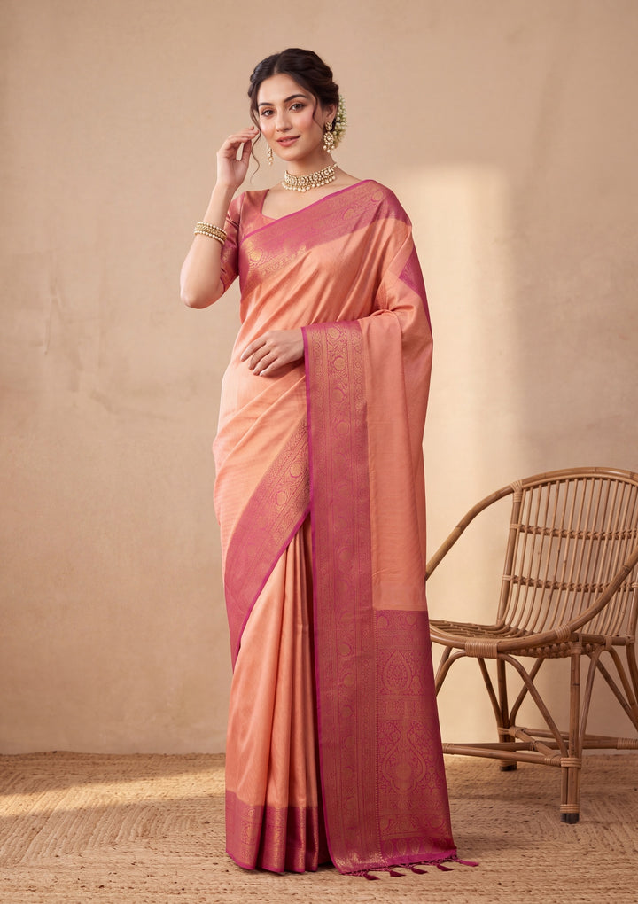 Peach Silk Jaal Saree With Matching Blouse Piece