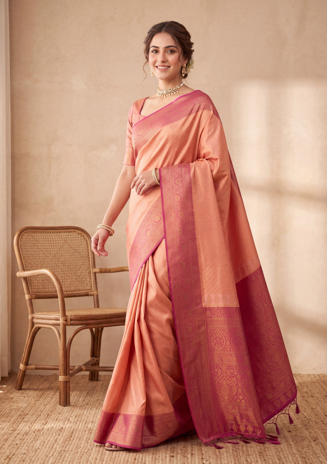 Peach Silk Jaal Saree With Matching Blouse Piece