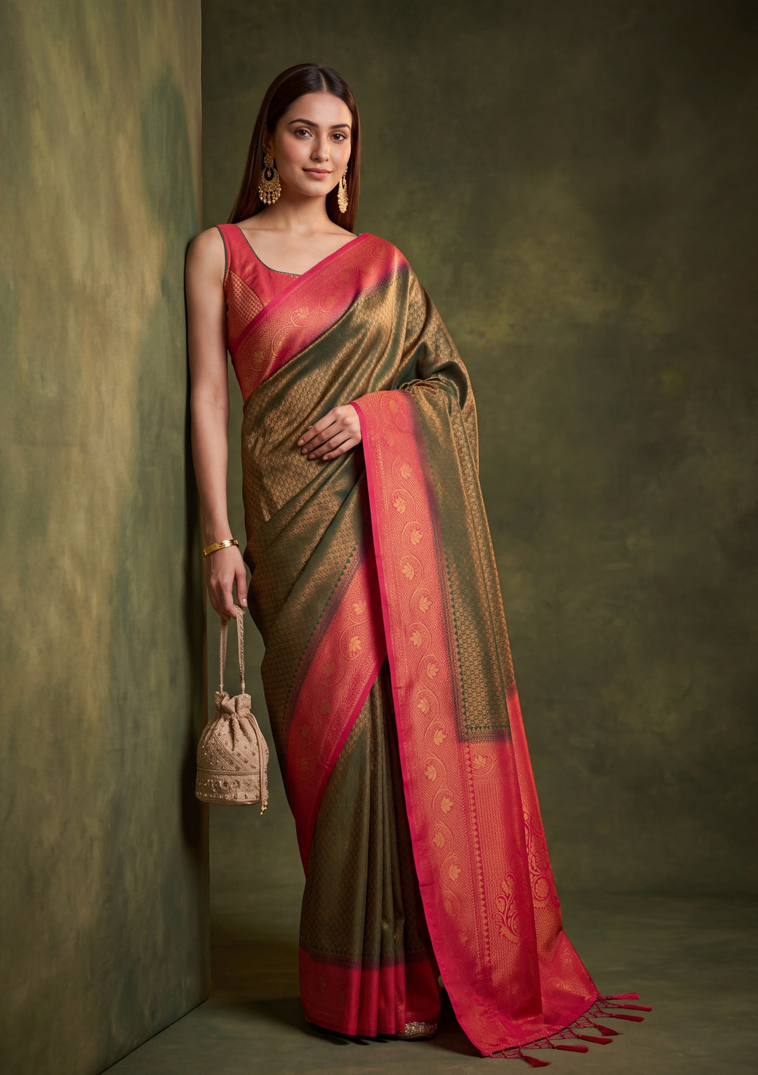 Bottle Green Art Silk Jaal Saree With Matching Blouse Piece