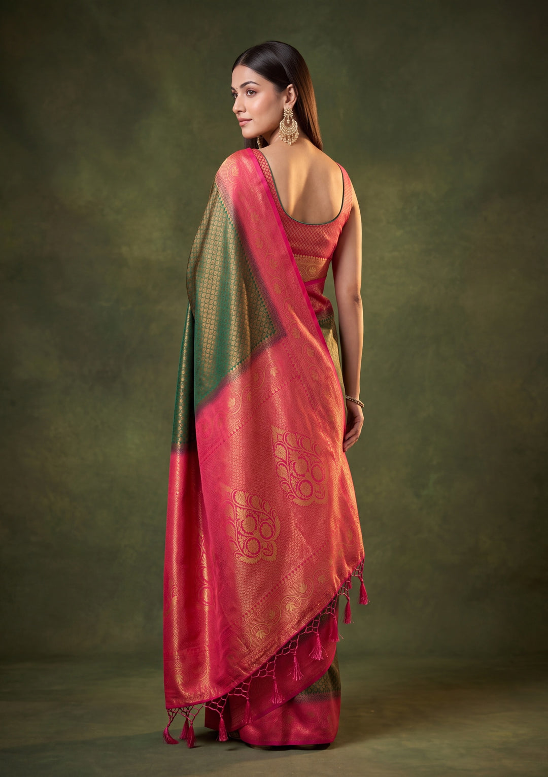 Bottle Green Art Silk Jaal Saree With Matching Blouse Piece