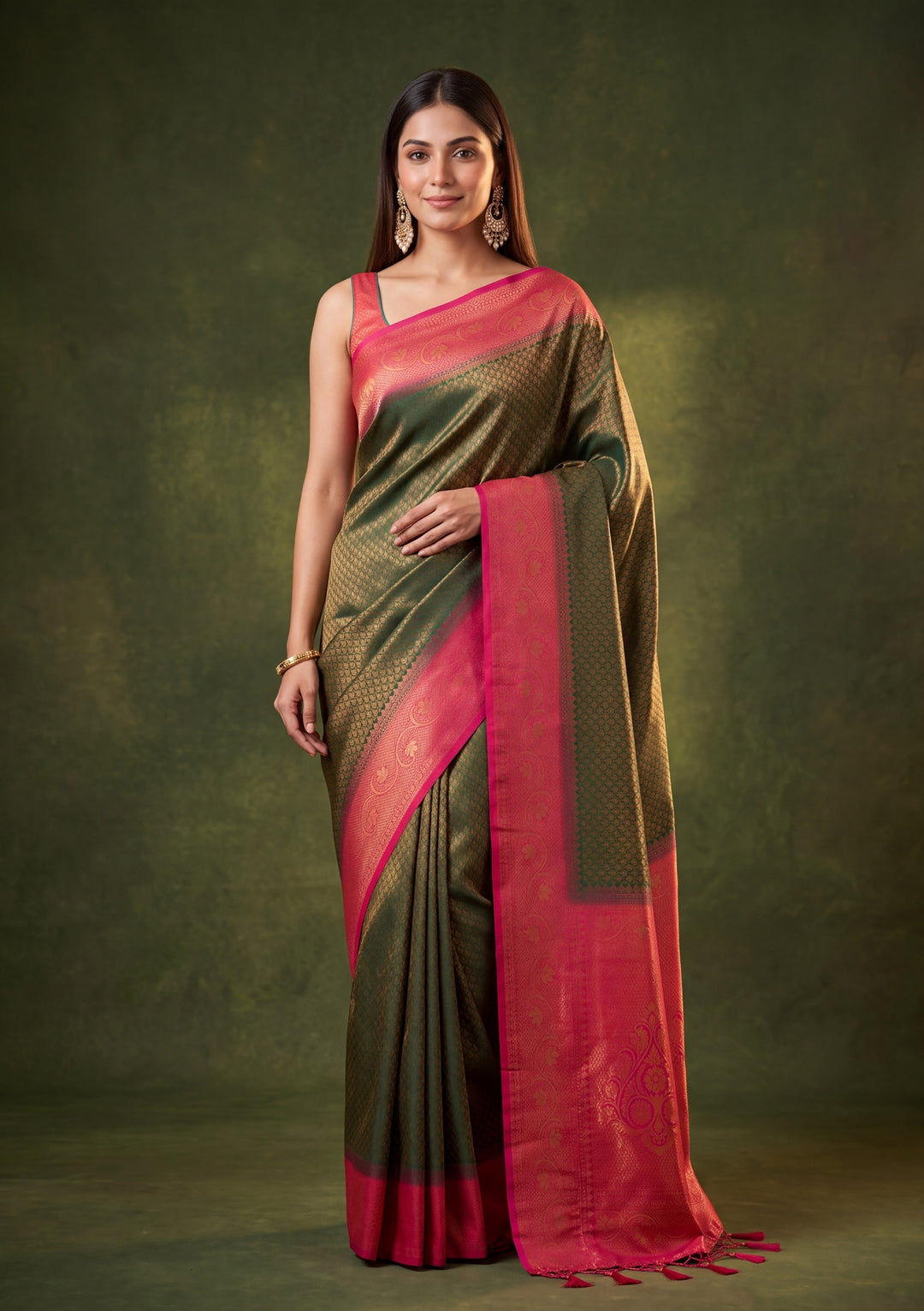 Bottle Green Art Silk Jaal Saree With Matching Blouse Piece