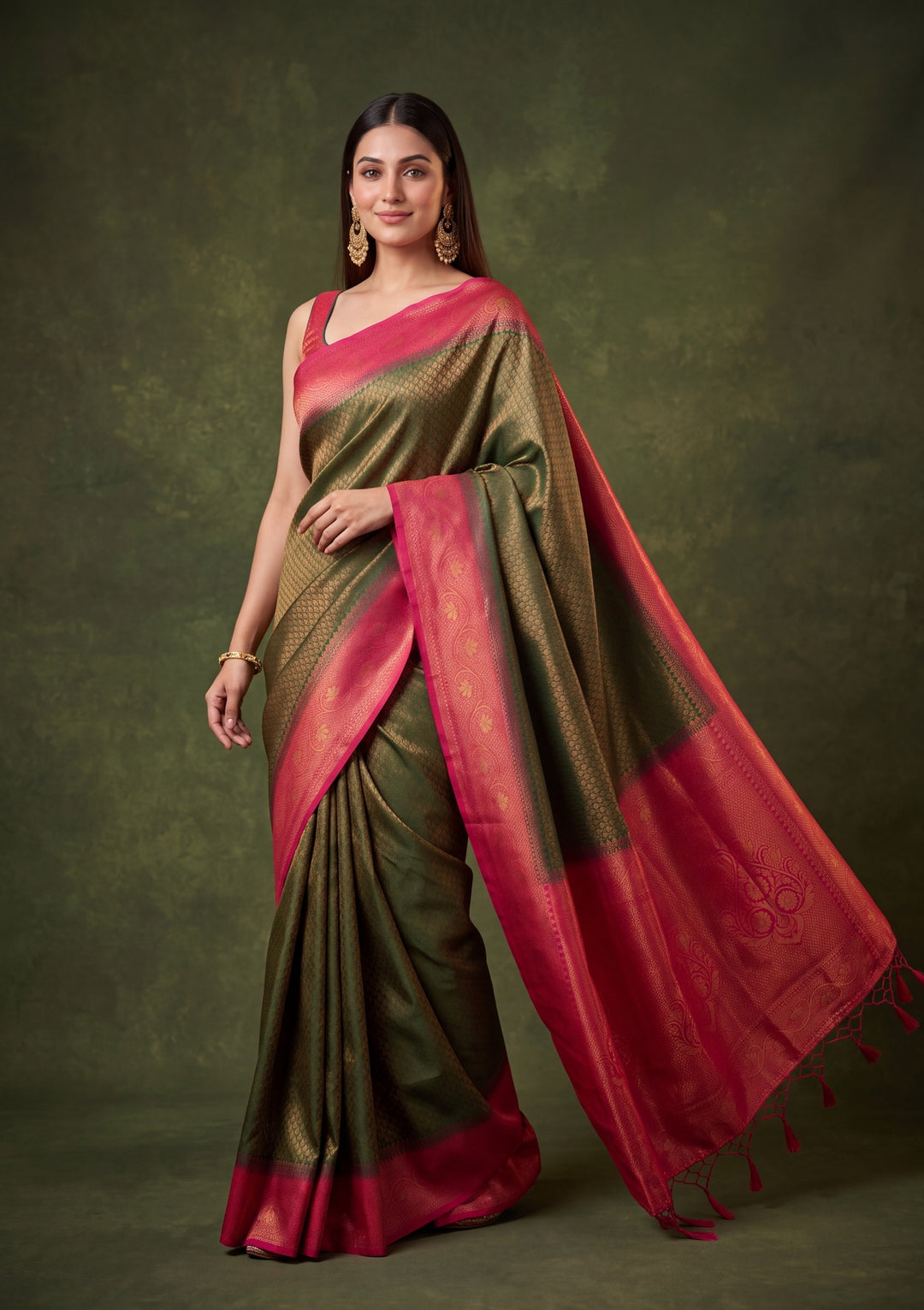 Bottle Green Art Silk Jaal Saree With Matching Blouse Piece