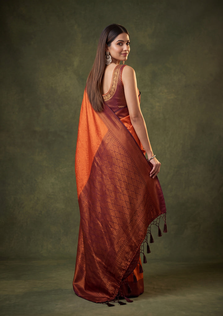 Rust Art Silk Jaal Saree With Matching Blouse Piece