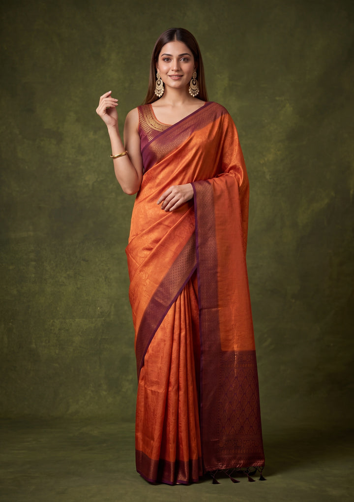 Rust Art Silk Jaal Saree With Matching Blouse Piece