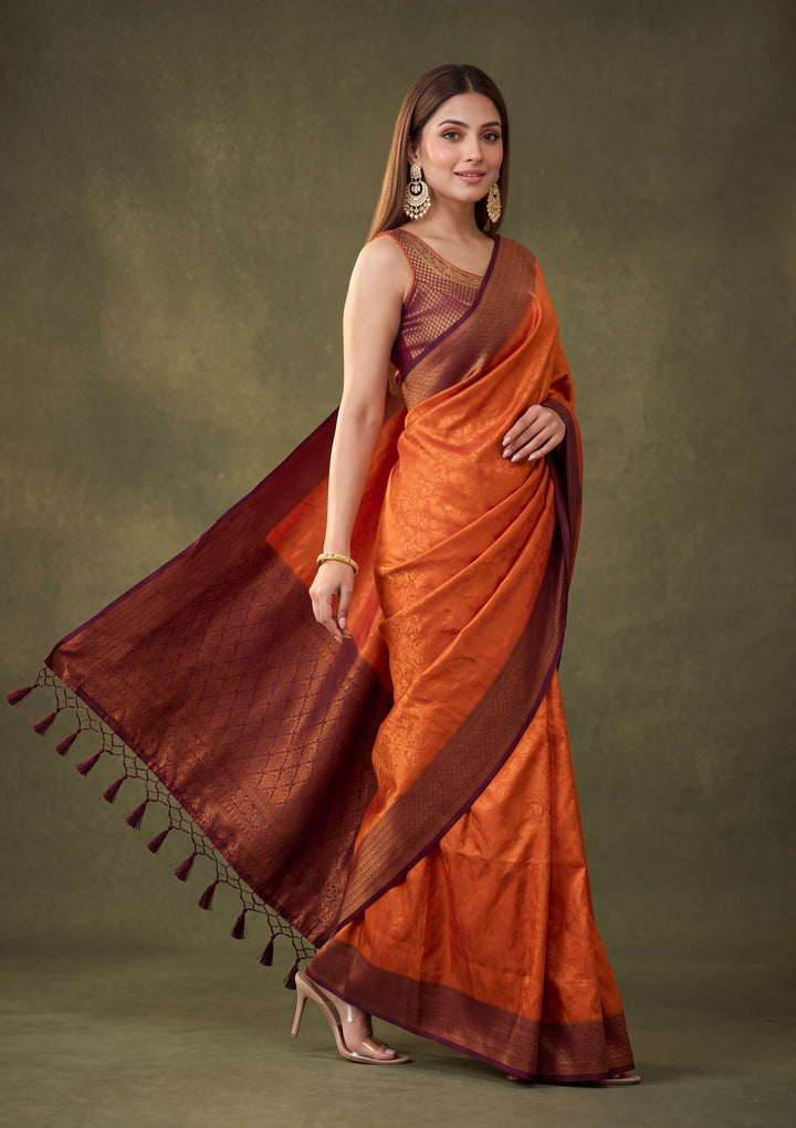 Rust Art Silk Jaal Saree With Matching Blouse Piece