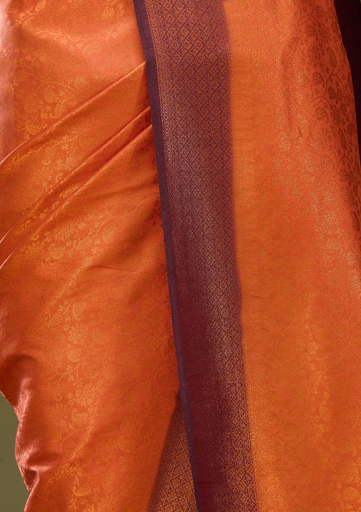 Rust Art Silk Jaal Saree With Matching Blouse Piece