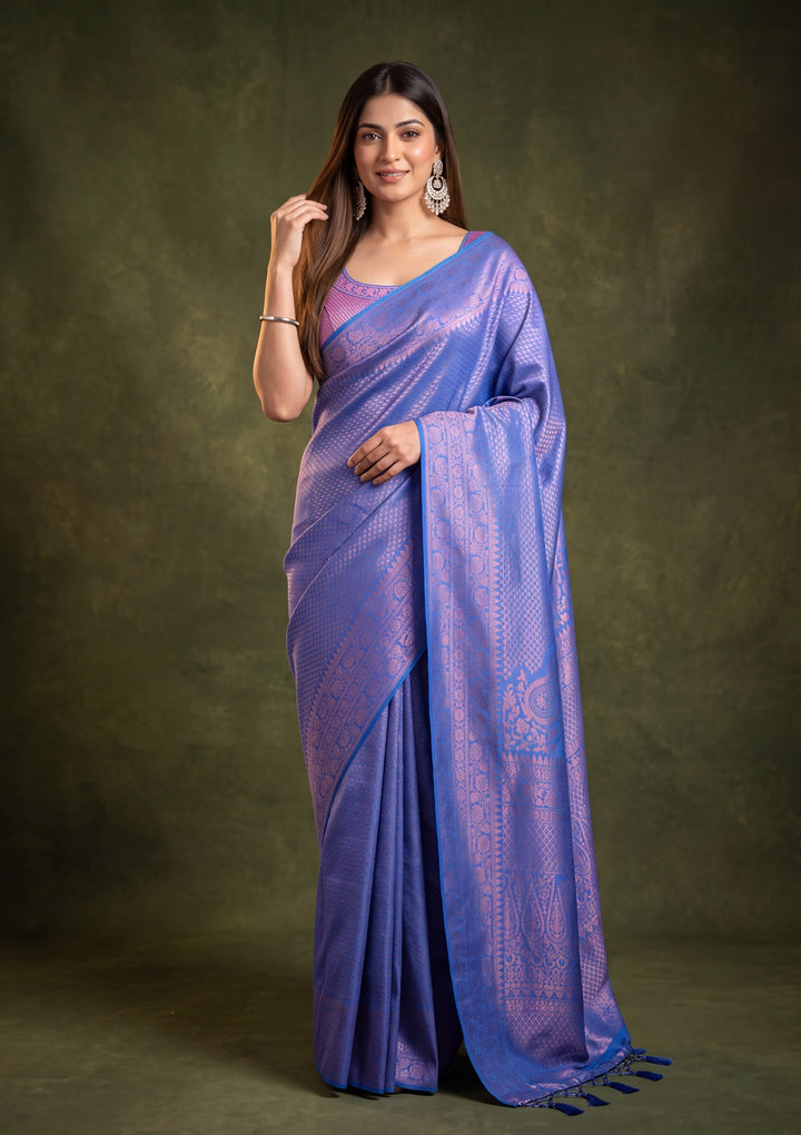 Royal Blue Art Silk Jaal Saree With Matching Blouse Piece