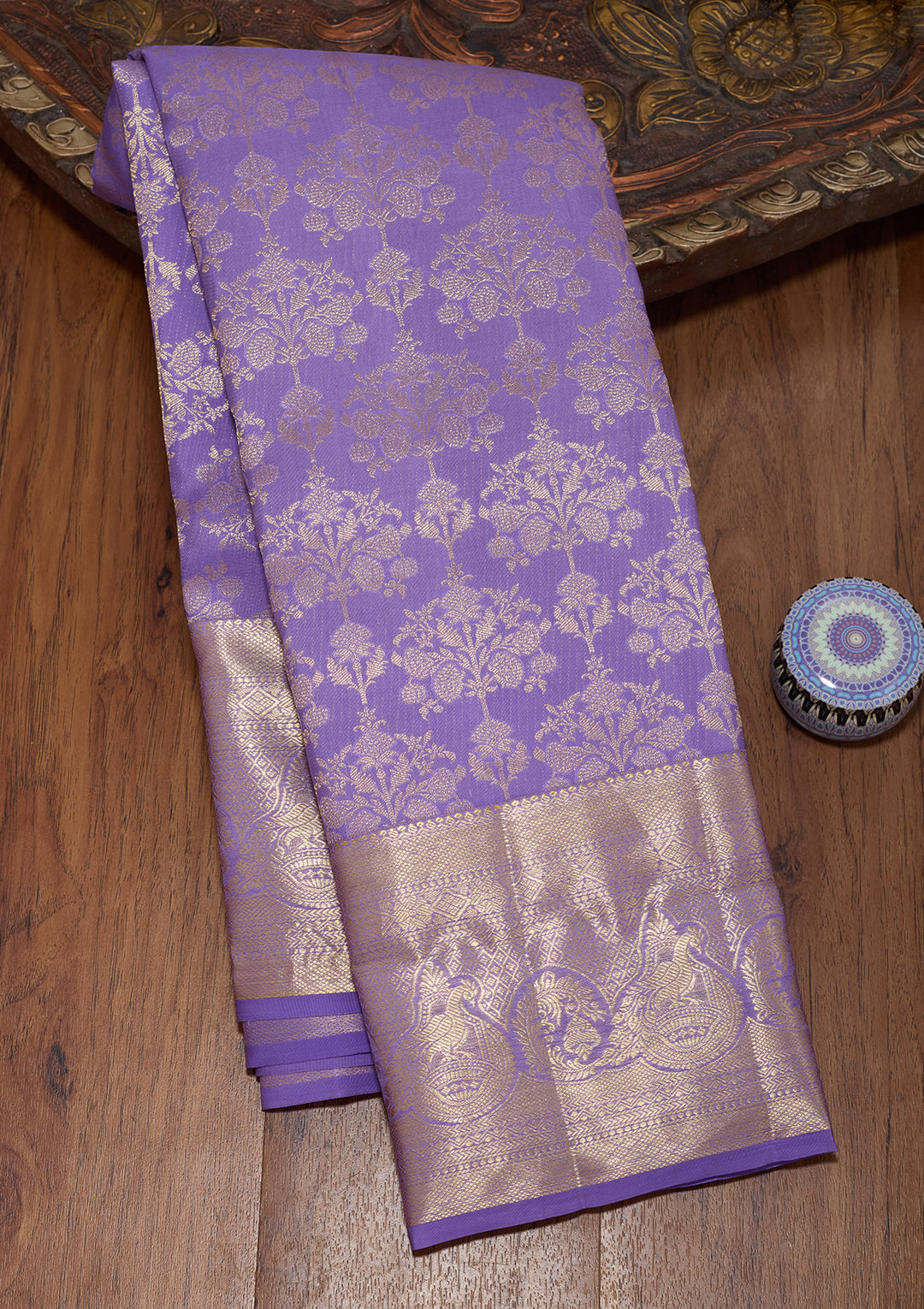 Lavender Pure Silk Jaal Saree With Matching Blouse Piece