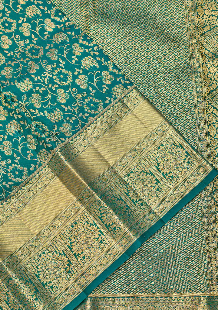 Teal Green Dharmavaram Pure Silk Saree With Matching Blouse Piece