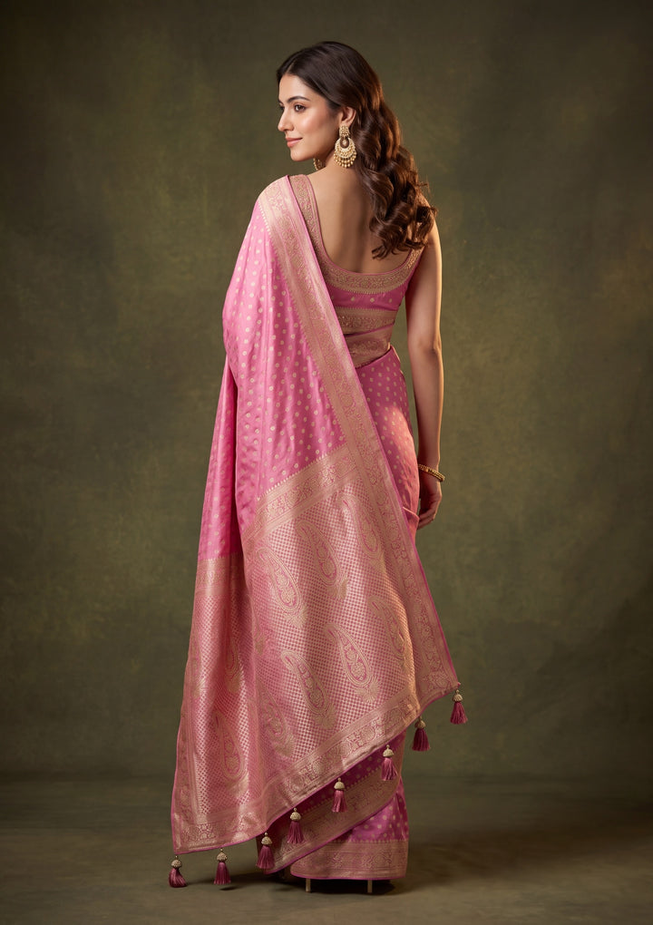 Onion Pink Art Satin Buti Gold Stonework Saree With Matching Blouse Piece