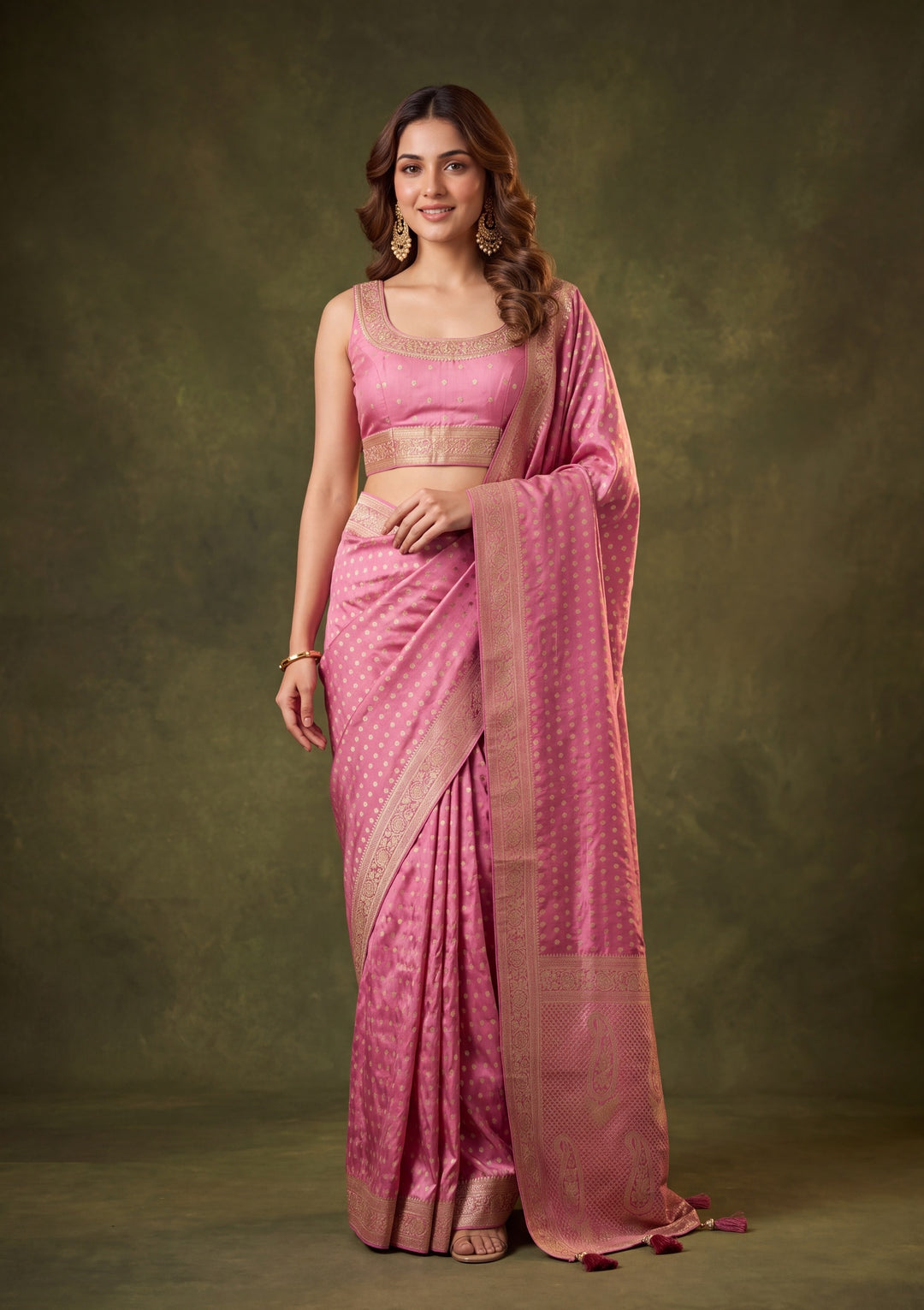 Onion Pink Art Satin Buti Gold Stonework Saree With Matching Blouse Piece