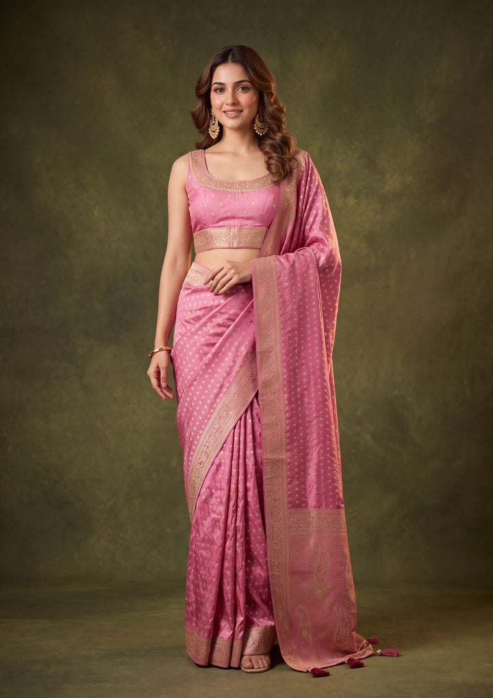 Onion Pink Art Satin Buti Gold Stonework Saree With Matching Blouse Piece