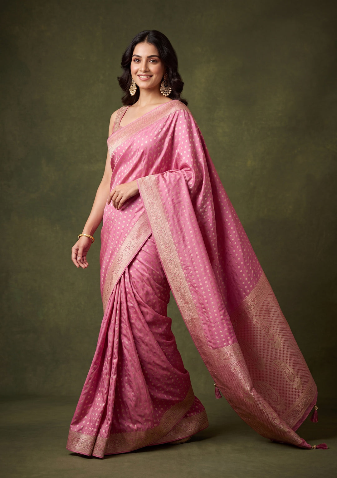 Onion Pink Art Satin Buti Gold Stonework Saree With Matching Blouse Piece