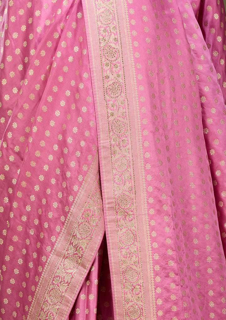 Onion Pink Art Satin Buti Gold Stonework Saree With Matching Blouse Piece