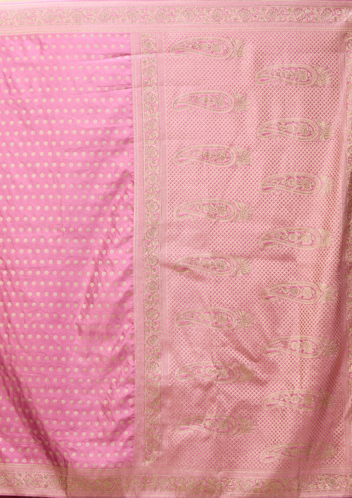 Onion Pink Art Satin Buti Gold Stonework Saree With Matching Blouse Piece