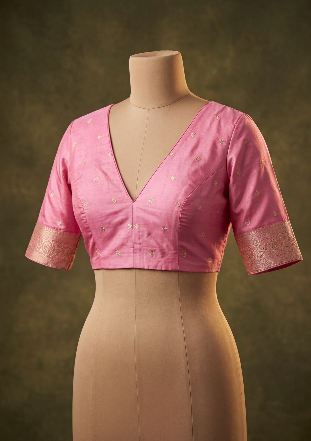 Onion Pink Art Satin Buti Gold Stonework Saree With Matching Blouse Piece