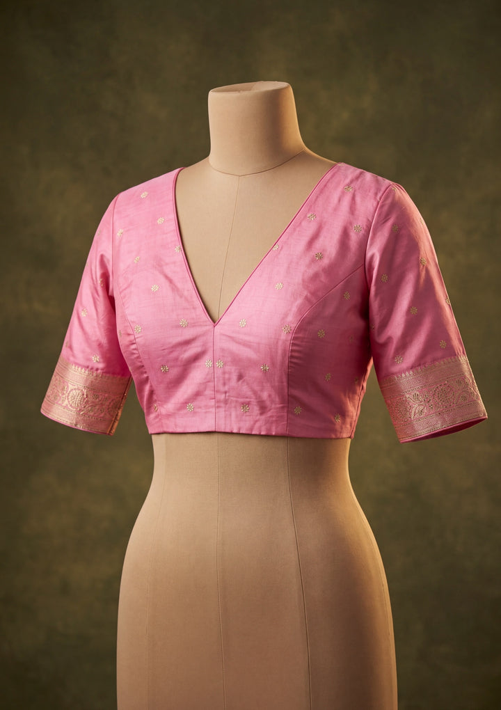 Onion Pink Art Satin Buti Gold Stonework Saree With Matching Blouse Piece