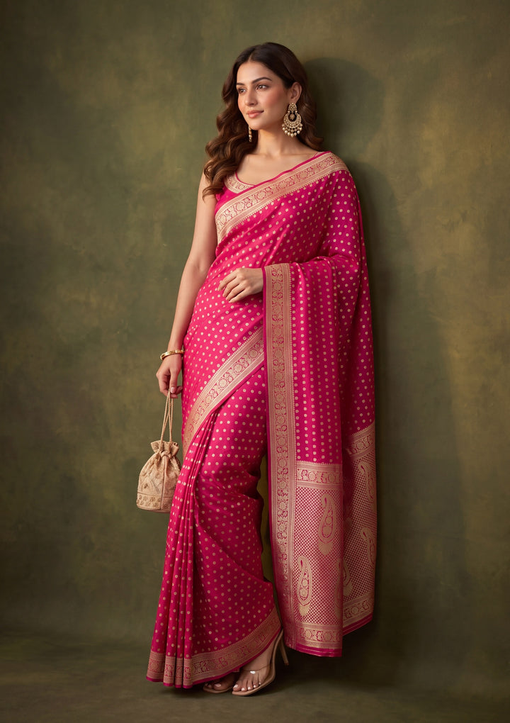 Rani Pink Art Satin Buti Gold Stonework Saree With Matching Blouse Piece