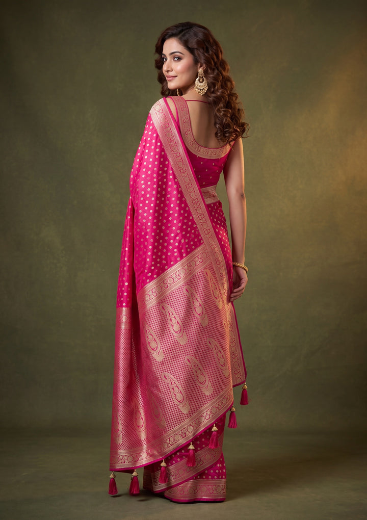Rani Pink Art Satin Buti Gold Stonework Saree With Matching Blouse Piece