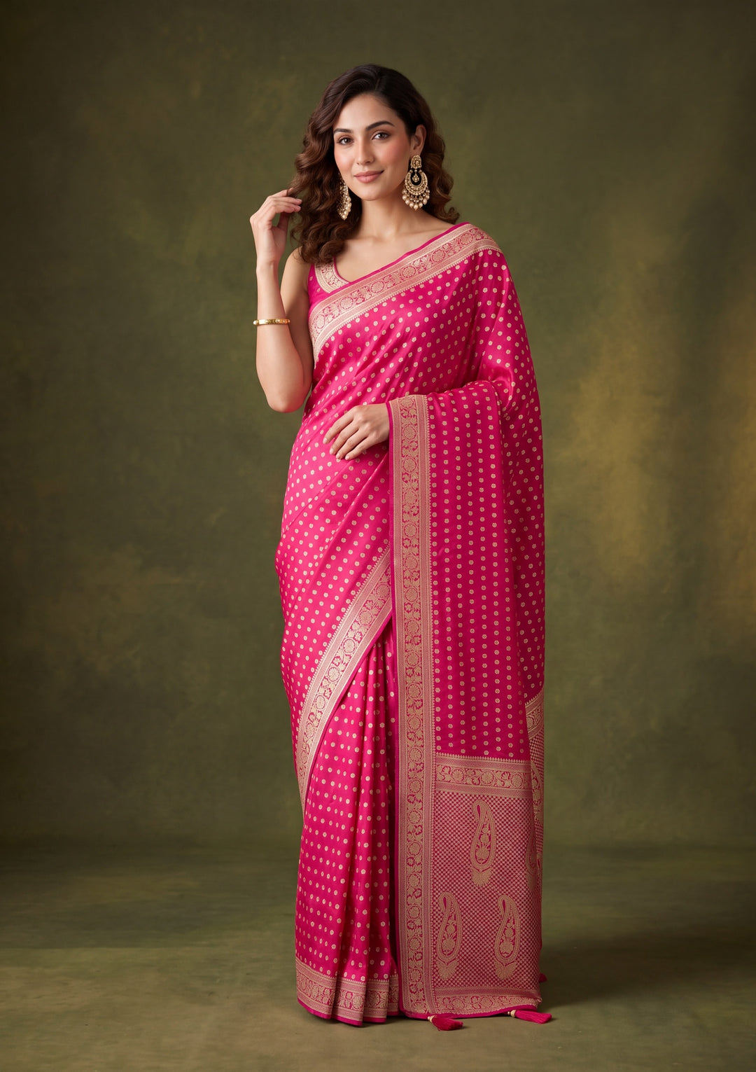 Rani Pink Art Satin Buti Gold Stonework Saree With Matching Blouse Piece