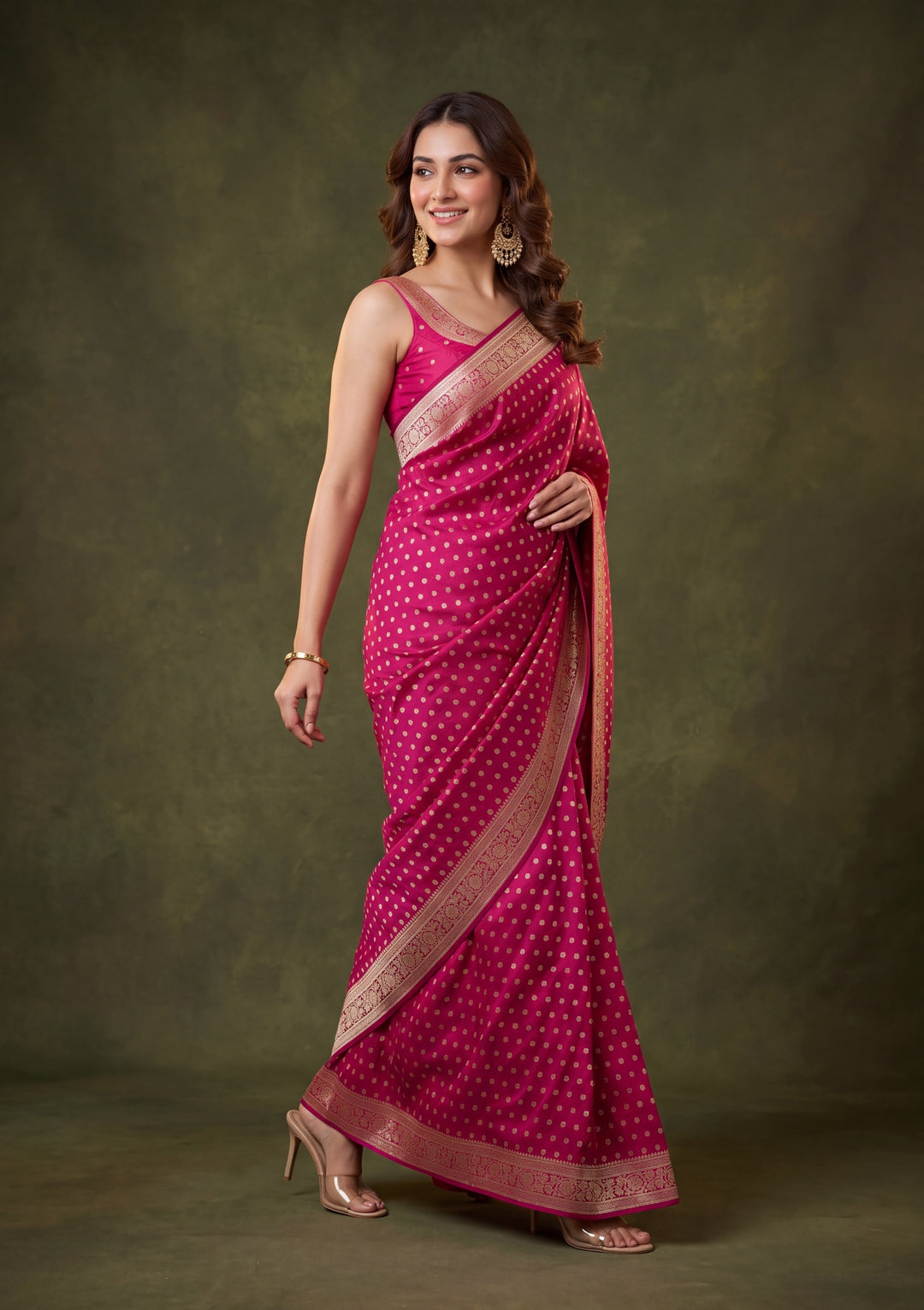 Rani Pink Art Satin Buti Gold Stonework Saree With Matching Blouse Piece