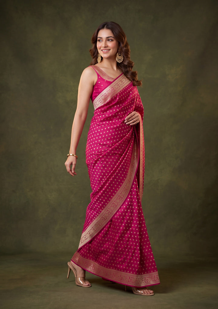 Rani Pink Art Satin Buti Gold Stonework Saree With Matching Blouse Piece