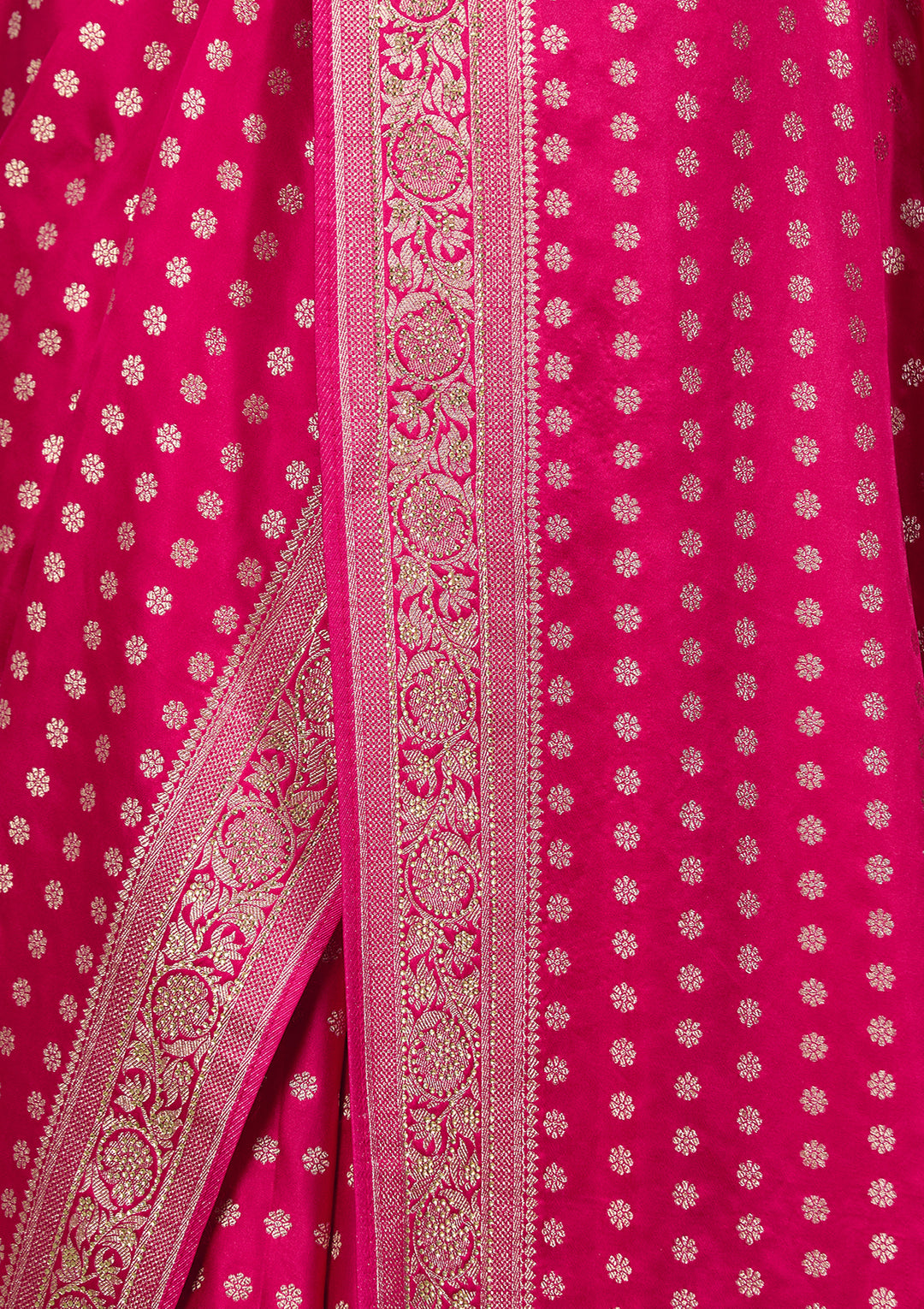 Rani Pink Art Satin Buti Gold Stonework Saree With Matching Blouse Piece