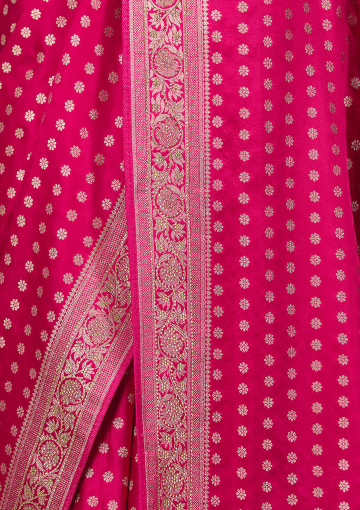 Rani Pink Art Satin Buti Gold Stonework Saree With Matching Blouse Piece