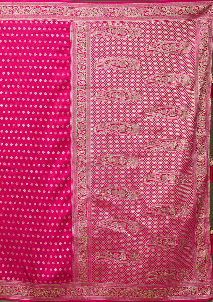 Rani Pink Art Satin Buti Gold Stonework Saree With Matching Blouse Piece