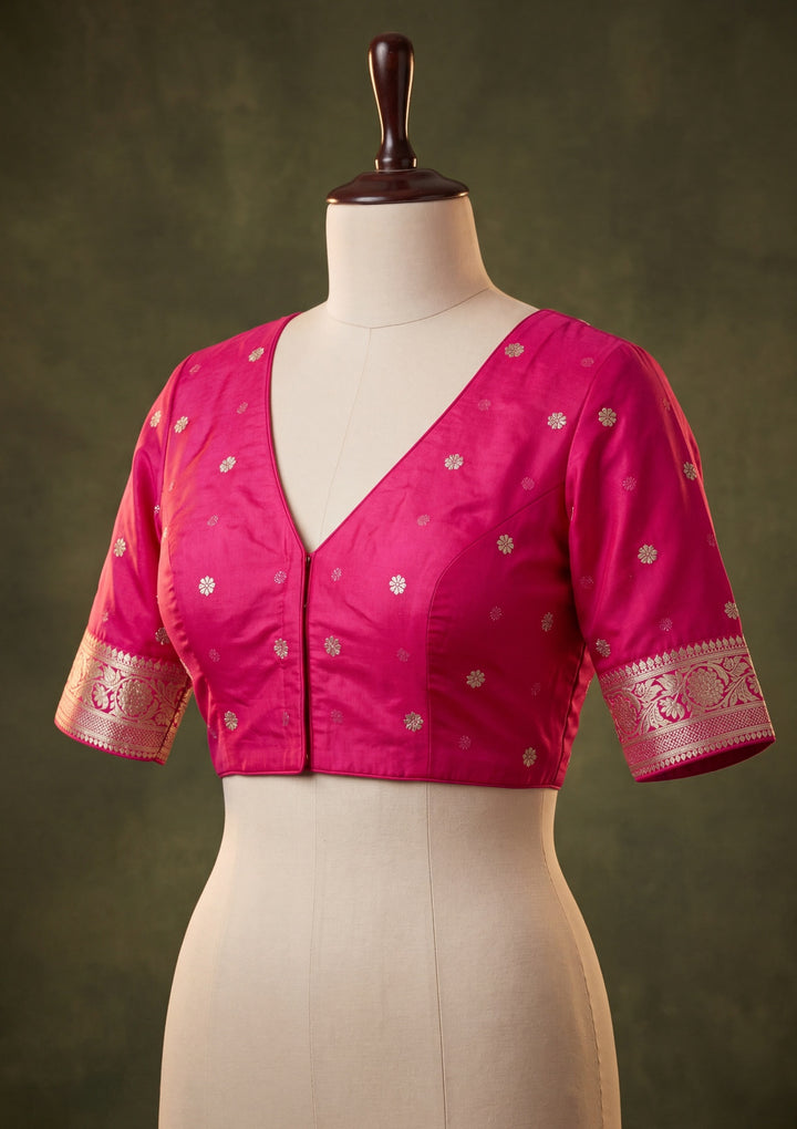 Rani Pink Art Satin Buti Gold Stonework Saree With Matching Blouse Piece