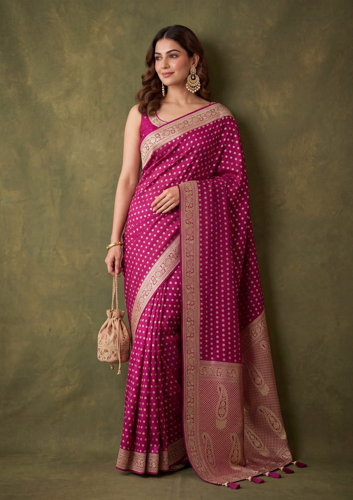 Wine Art Satin Buti Gold Stonework Saree With Matching Blouse Piece